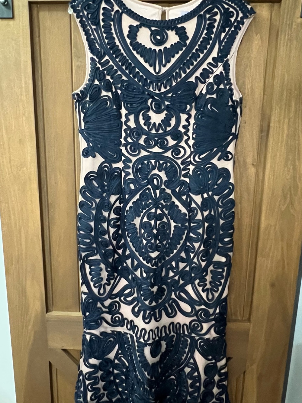 JS Collections Navy and Nude Embroidered Midi Sheath Dress